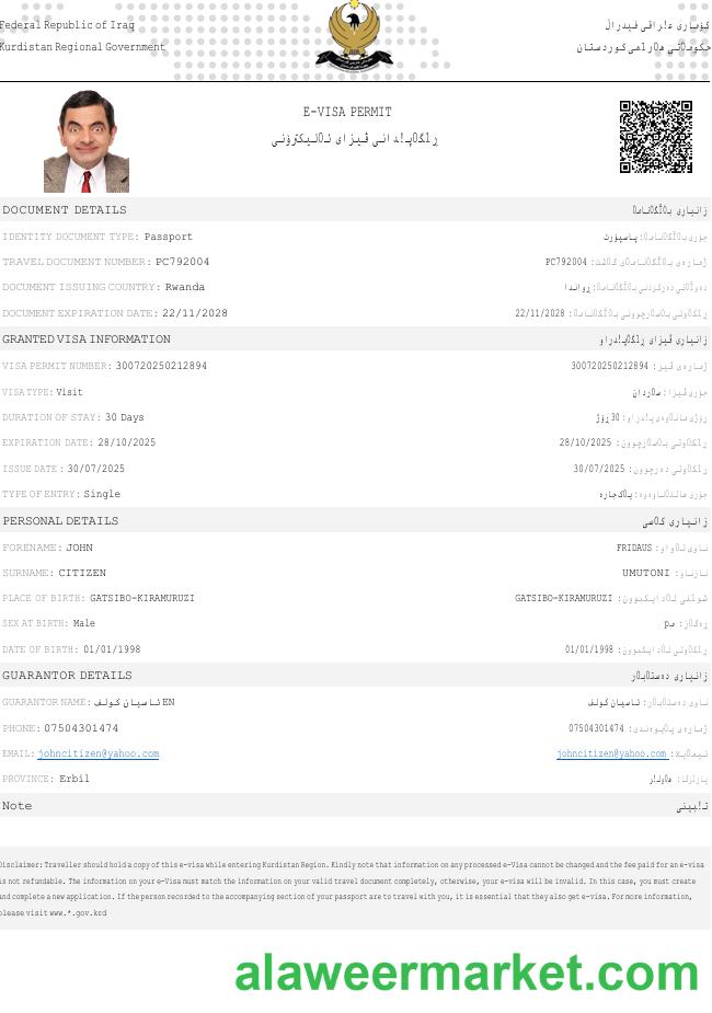 Iraq e-visa template in Word and PDF formats